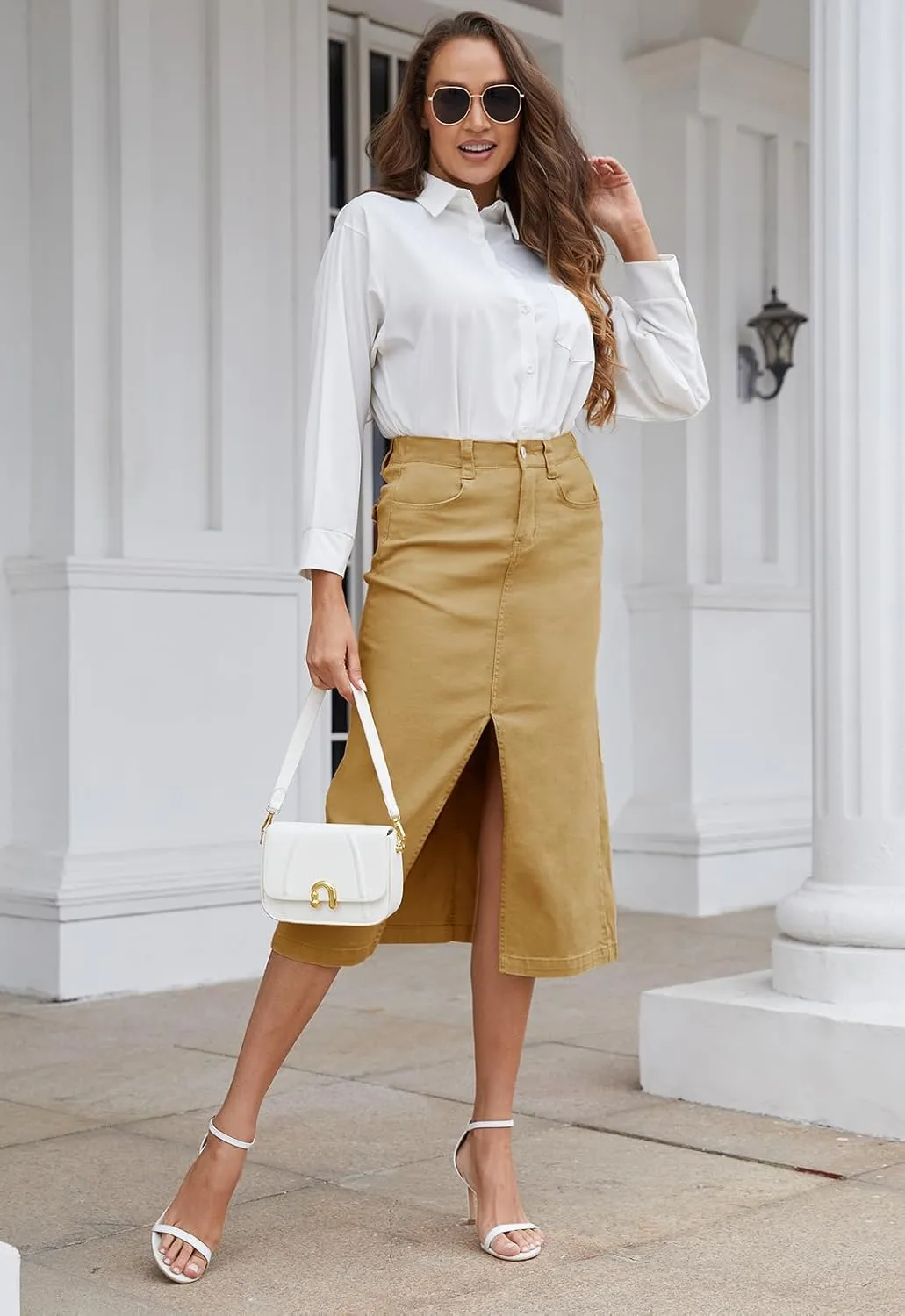 Women's Cargo Midi Skirt High Elastic Waist Front Slit Vintage Style Trendy Long Solid Skirts for Women