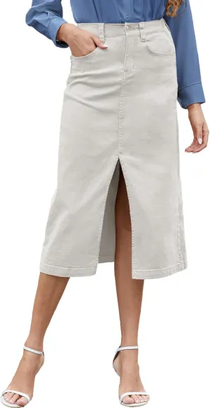 Women's Cargo Midi Skirt High Elastic Waist Front Slit Vintage Style Trendy Long Solid Skirts for Women