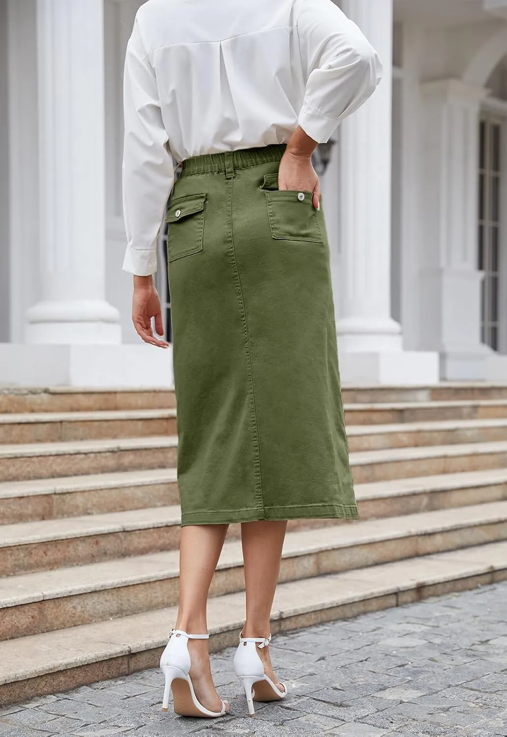 Women's Cargo Midi Skirt High Elastic Waist Front Slit Vintage Style Trendy Long Solid Skirts for Women