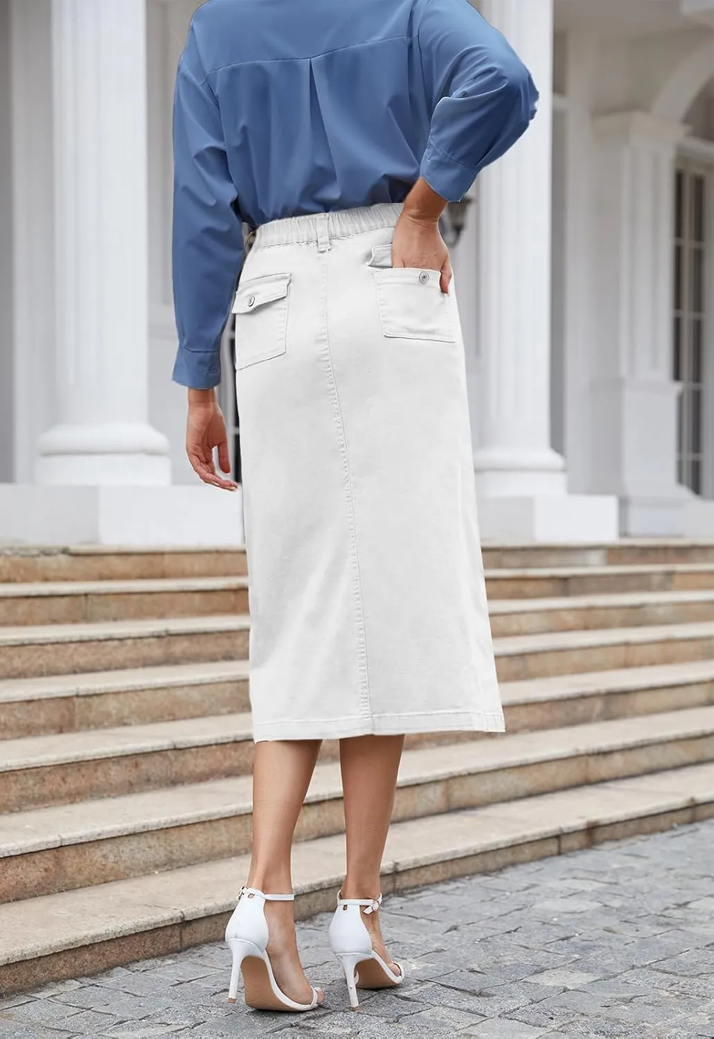 Women's Cargo Midi Skirt High Elastic Waist Front Slit Vintage Style Trendy Long Solid Skirts for Women
