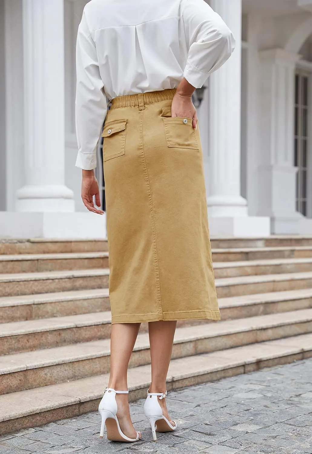 Women's Cargo Midi Skirt High Elastic Waist Front Slit Vintage Style Trendy Long Solid Skirts for Women