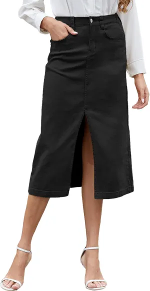 Women's Cargo Midi Skirt High Elastic Waist Front Slit Vintage Style Trendy Long Solid Skirts for Women