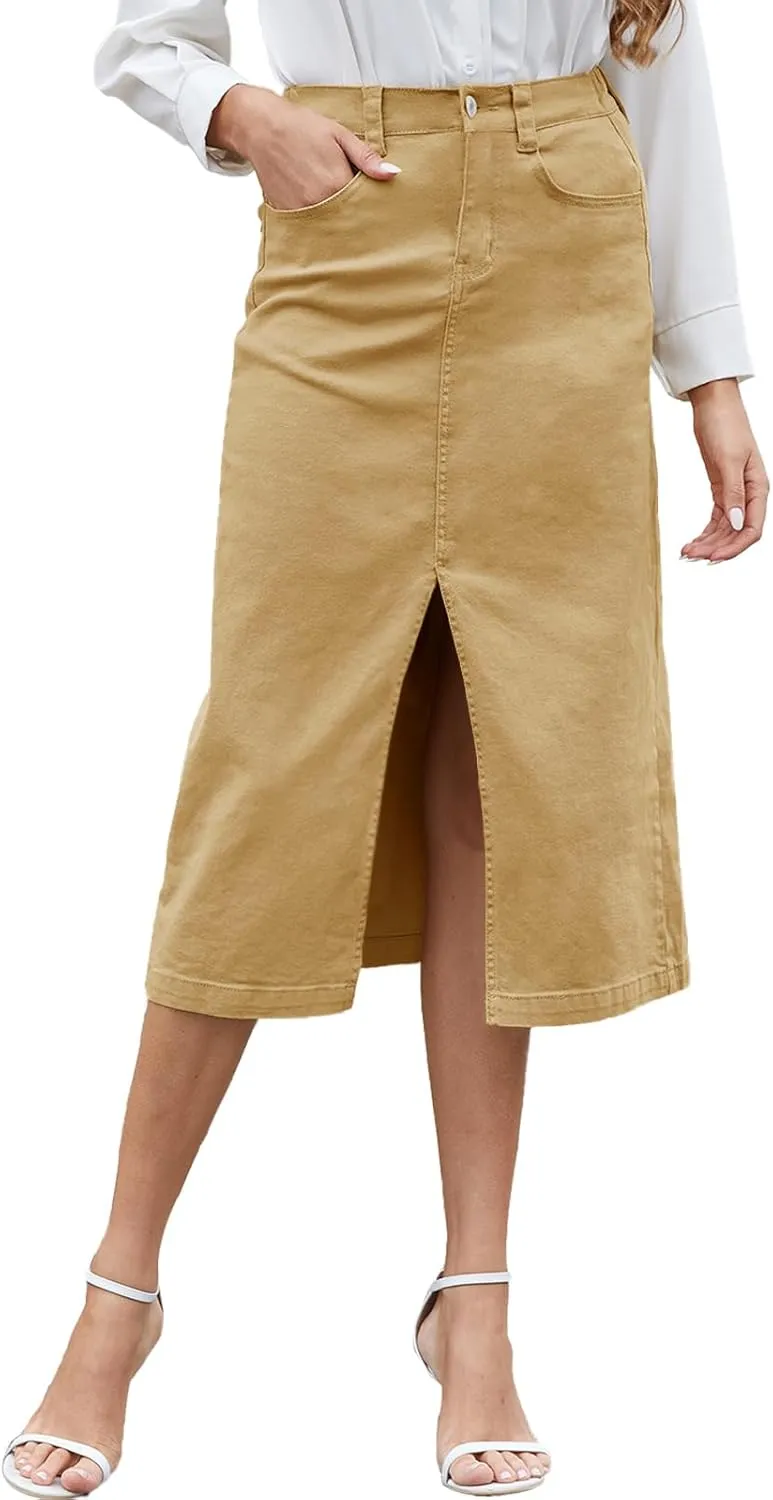 Women's Cargo Midi Skirt High Elastic Waist Front Slit Vintage Style Trendy Long Solid Skirts for Women