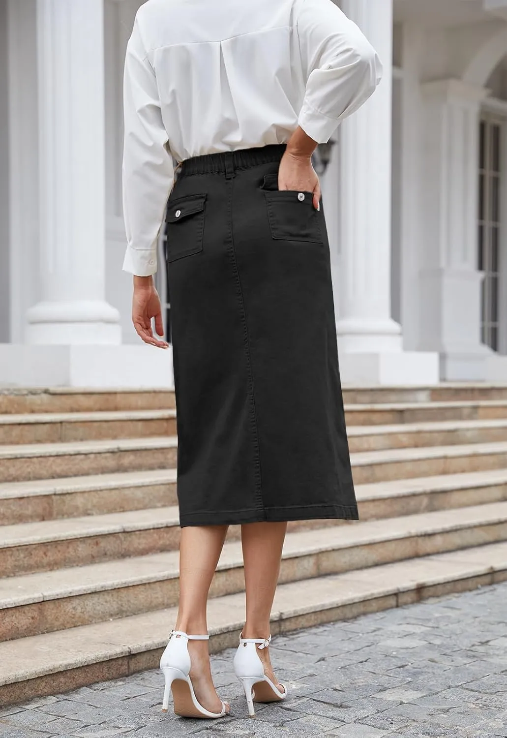 Women's Cargo Midi Skirt High Elastic Waist Front Slit Vintage Style Trendy Long Solid Skirts for Women