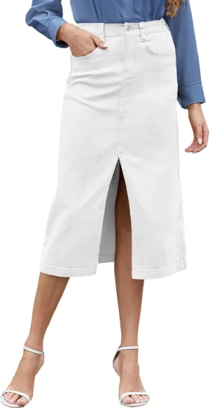 Women's Cargo Midi Skirt High Elastic Waist Front Slit Vintage Style Trendy Long Solid Skirts for Women