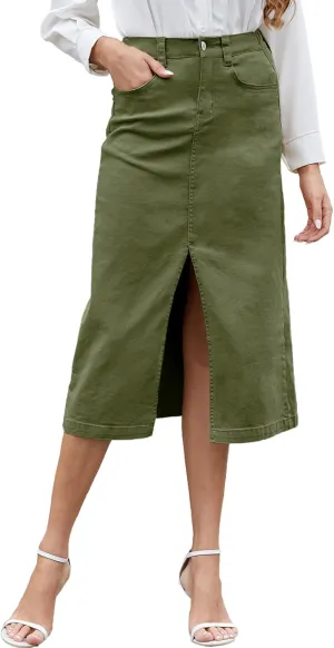 Women's Cargo Midi Skirt High Elastic Waist Front Slit Vintage Style Trendy Long Solid Skirts for Women