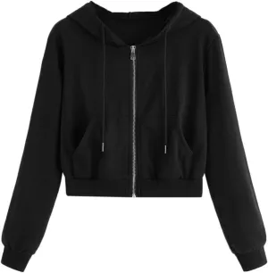Women's Cropped Hoodie Long Sleeve Plain Lightweight Zip Up Hooded Sweatshirts Outwear Teens Tops with Pockets