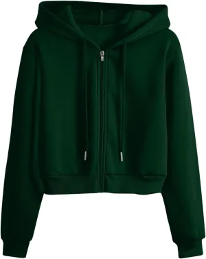 Women's Cropped Hoodie Long Sleeve Plain Lightweight Zip Up Hooded Sweatshirts Outwear Teens Tops with Pockets