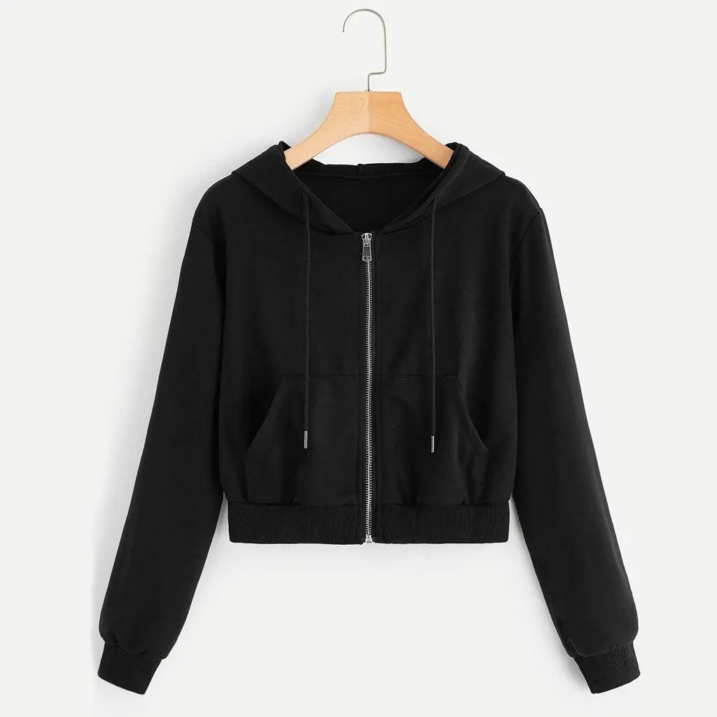 Women's Cropped Hoodie Long Sleeve Plain Lightweight Zip Up Hooded Sweatshirts Outwear Teens Tops with Pockets