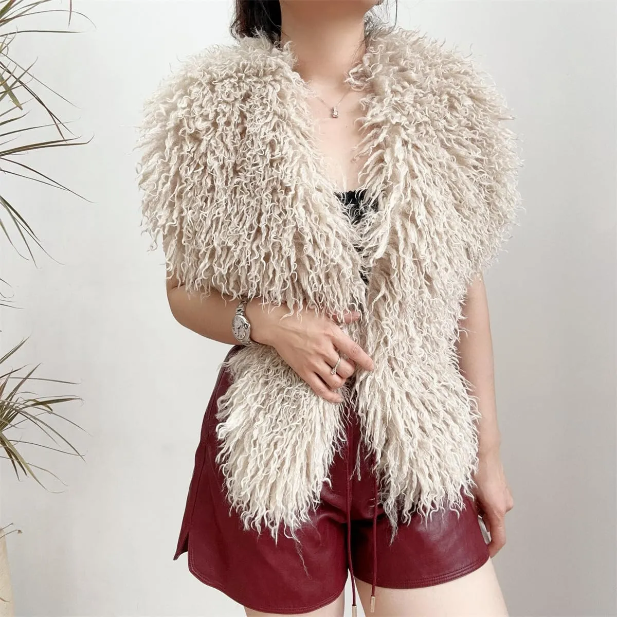 Women's Faux Fur Vest Tie Backless Halter Sleeveless Fuzzy Tank Top Back Tie Lace Up Shaggy Waistcoat