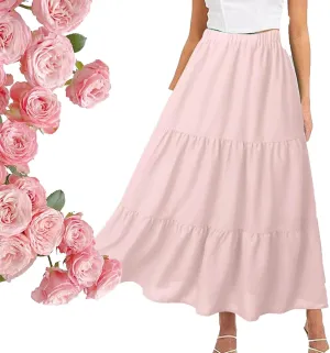Women's High Elastic Waist Midi Skirt Casual Summer Trendy, Front Flowy Ruffle Boho Midi Skirts for Women