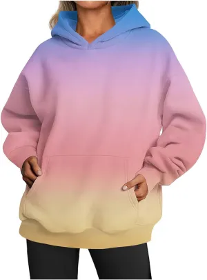 Womens Hoodies 2024 Casual Gradient Color Oversized Crew Neck Sweatshirts with Pocket Long Sleeve Fall Winter Tops