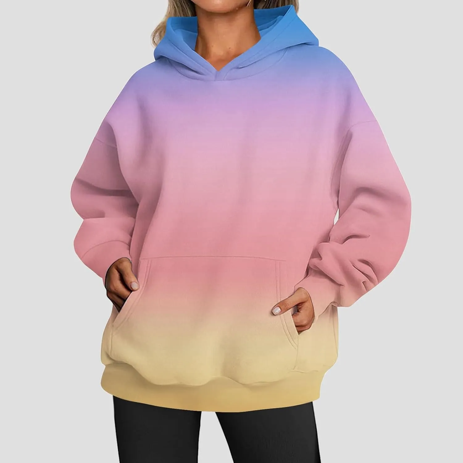 Womens Hoodies 2024 Casual Gradient Color Oversized Crew Neck Sweatshirts with Pocket Long Sleeve Fall Winter Tops