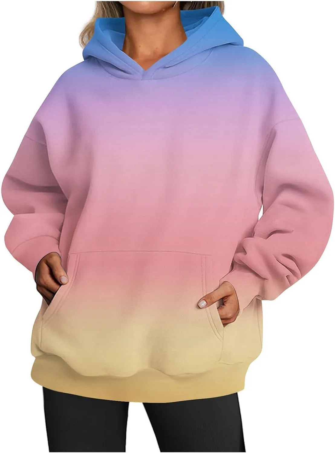 Womens Hoodies 2024 Casual Gradient Color Oversized Crew Neck Sweatshirts with Pocket Long Sleeve Fall Winter Tops