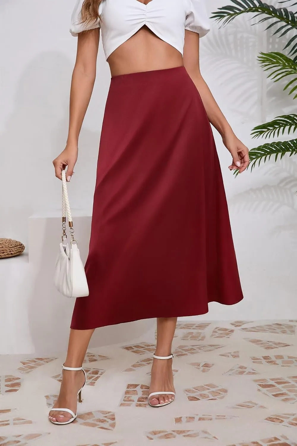 Women's Long Satin Spring Summer Skirt Silk Glossy Elegant High Waist Elastic Waistband A-line Midi Skirt
