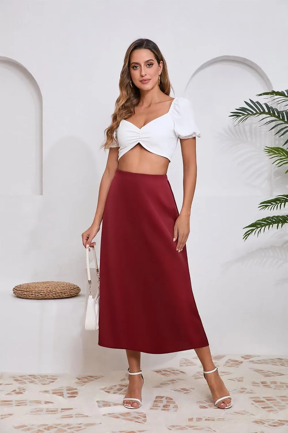 Women's Long Satin Spring Summer Skirt Silk Glossy Elegant High Waist Elastic Waistband A-line Midi Skirt