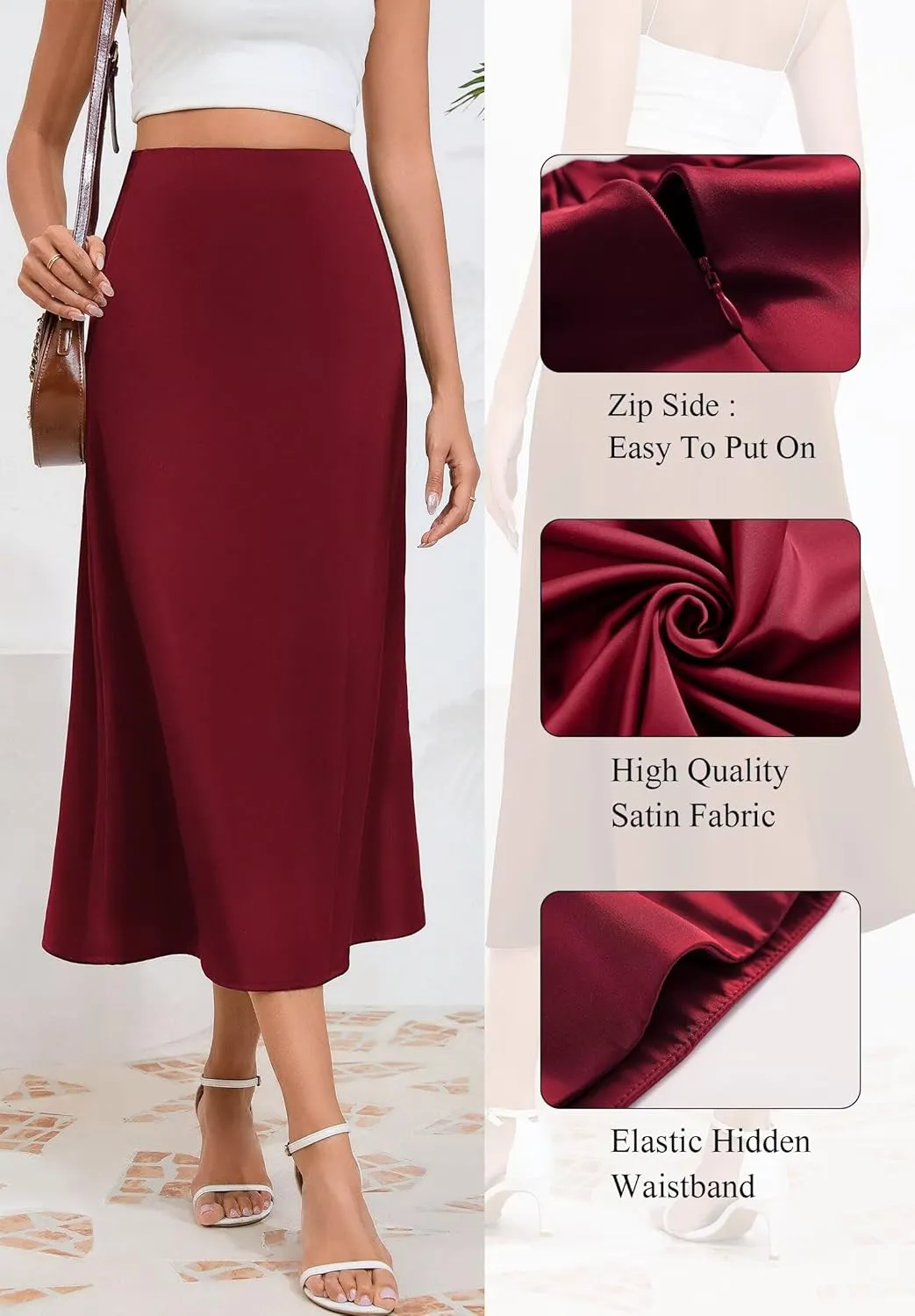 Women's Long Satin Spring Summer Skirt Silk Glossy Elegant High Waist Elastic Waistband A-line Midi Skirt