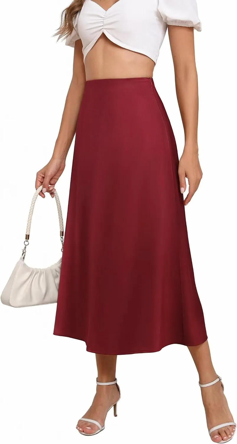 Women's Long Satin Spring Summer Skirt Silk Glossy Elegant High Waist Elastic Waistband A-line Midi Skirt
