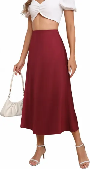 Women's Long Satin Spring Summer Skirt Silk Glossy Elegant High Waist Elastic Waistband A-line Midi Skirt