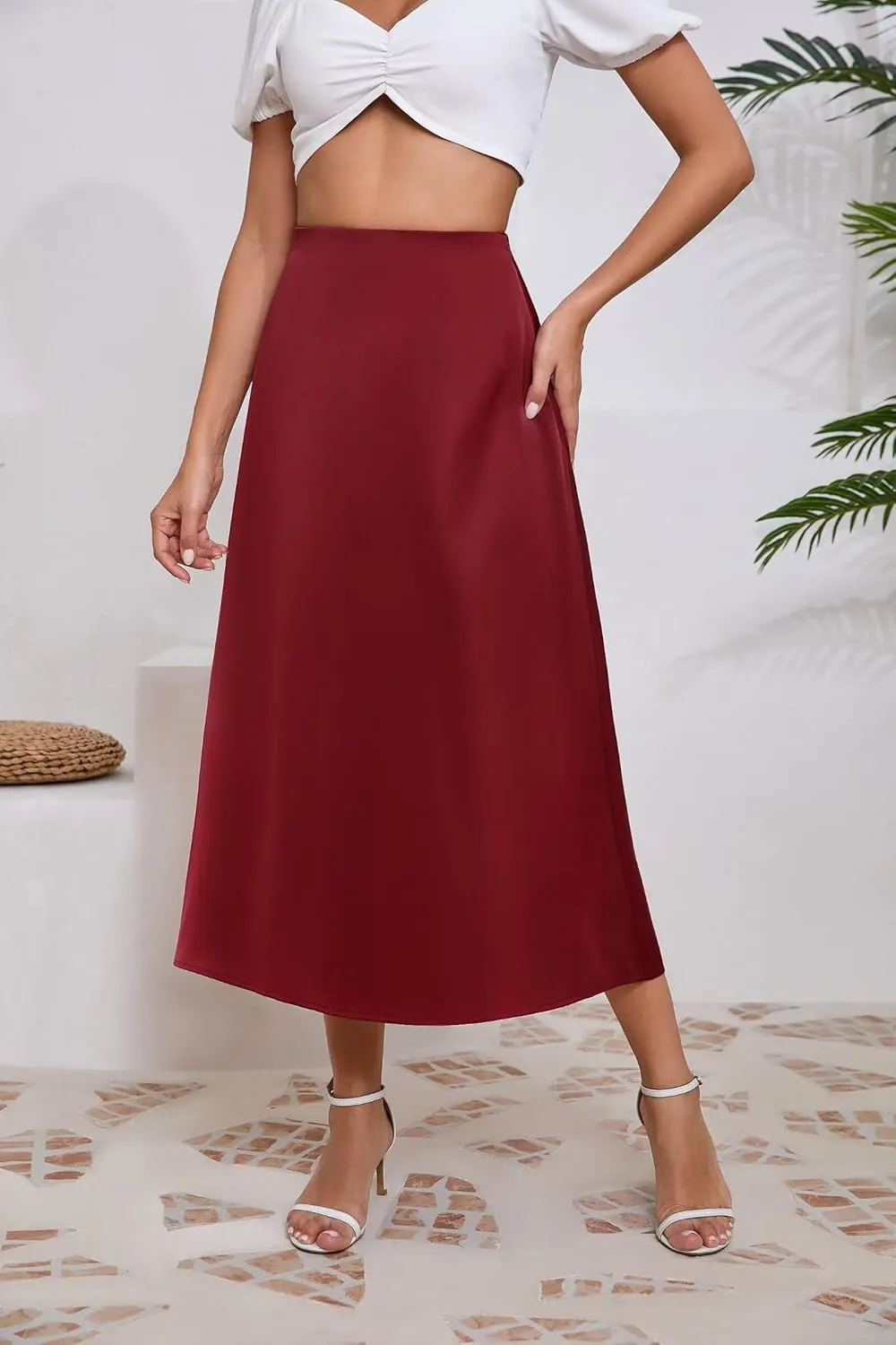 Women's Long Satin Spring Summer Skirt Silk Glossy Elegant High Waist Elastic Waistband A-line Midi Skirt