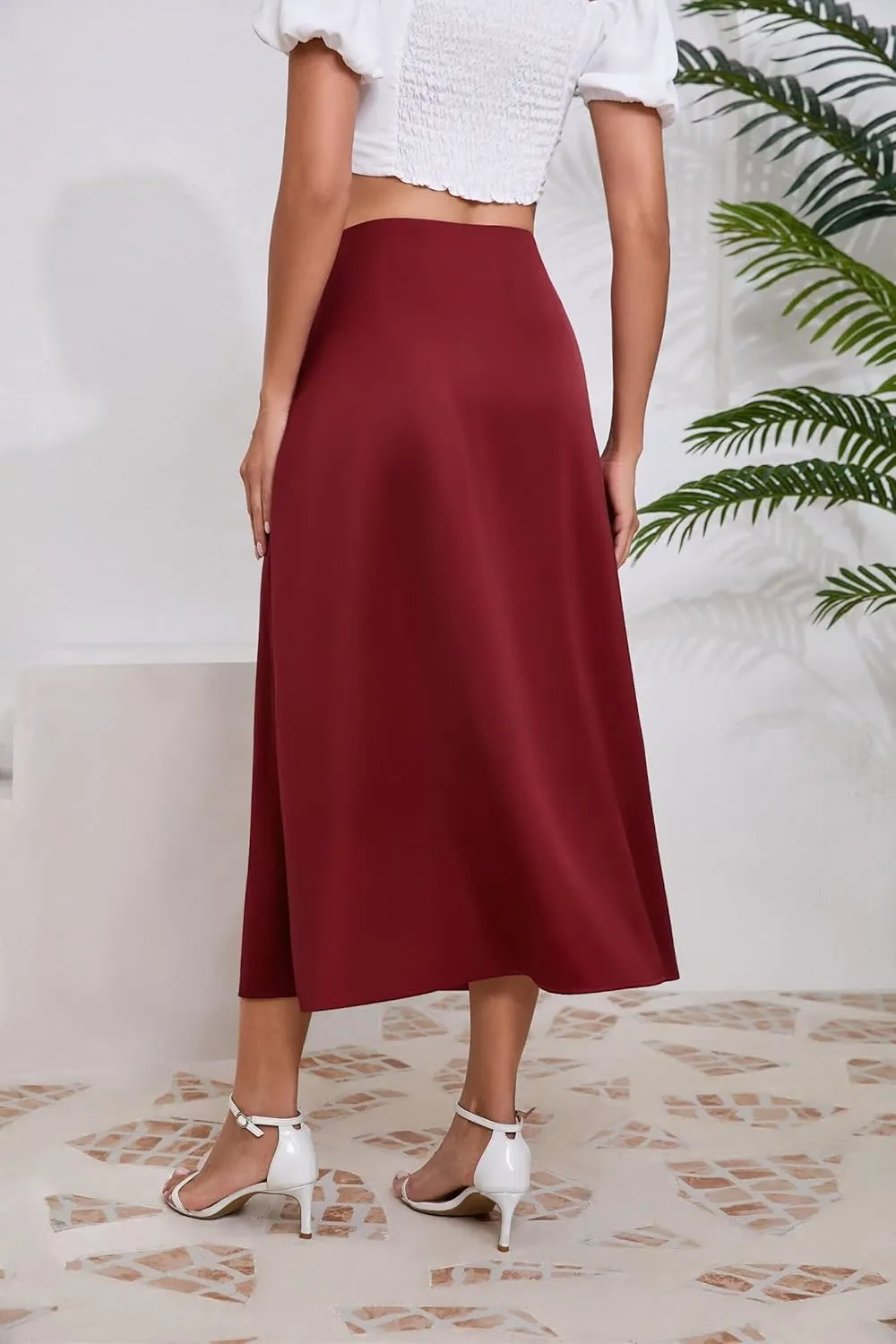 Women's Long Satin Spring Summer Skirt Silk Glossy Elegant High Waist Elastic Waistband A-line Midi Skirt