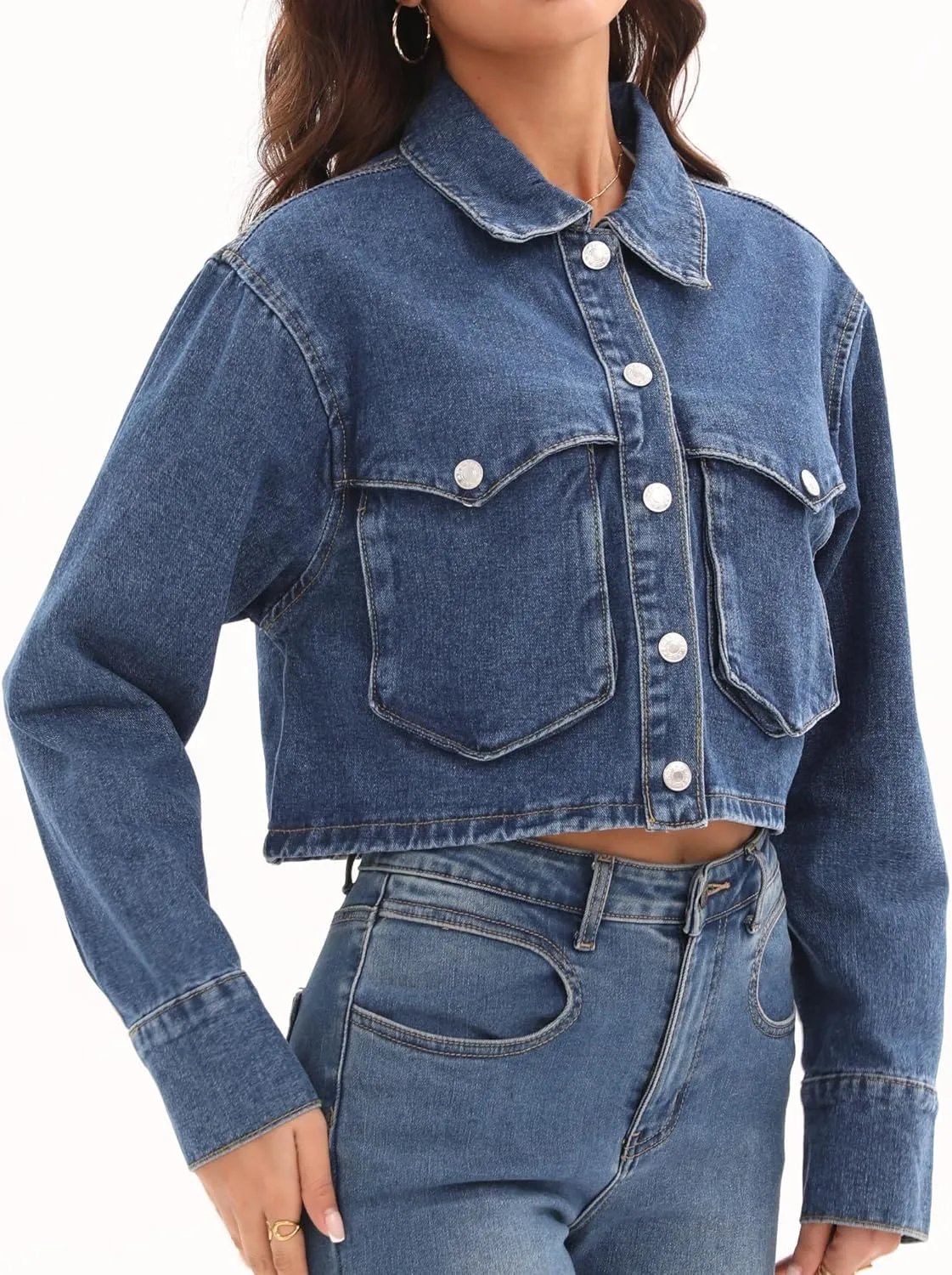 Women's Long Sleeve Button Down Cropped Trucker Short Denim Jean Jacket with Pockets