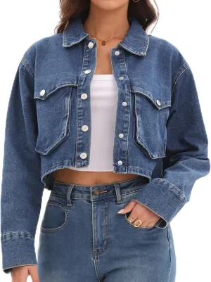 Women's Long Sleeve Button Down Cropped Trucker Short Denim Jean Jacket with Pockets