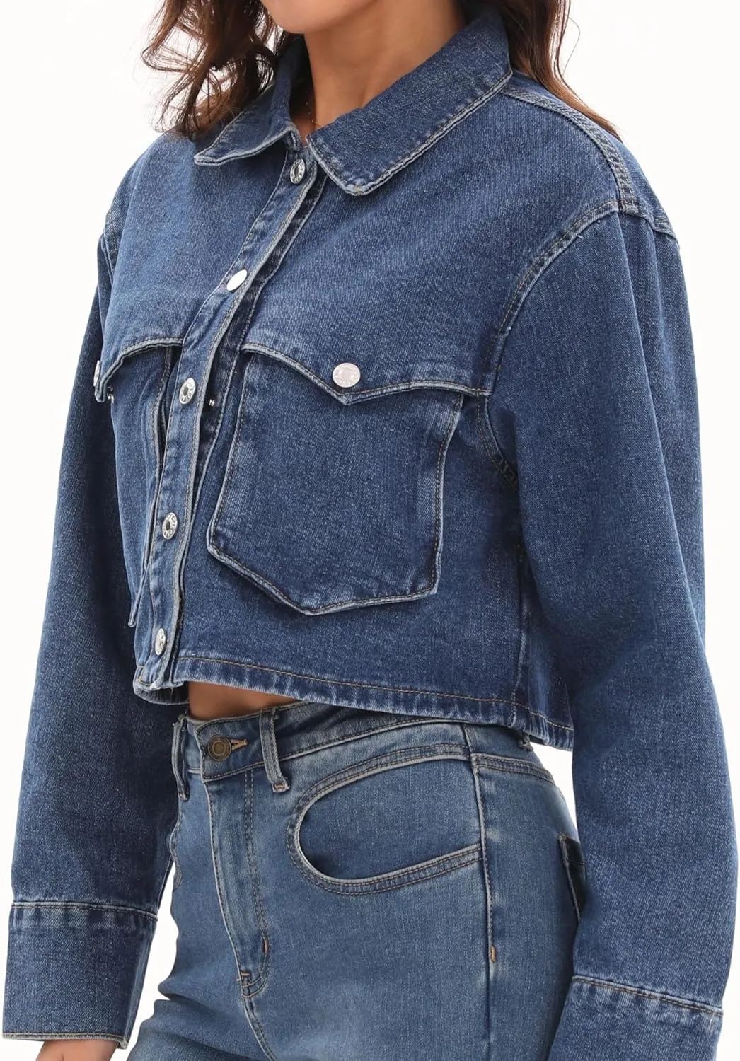 Women's Long Sleeve Button Down Cropped Trucker Short Denim Jean Jacket with Pockets