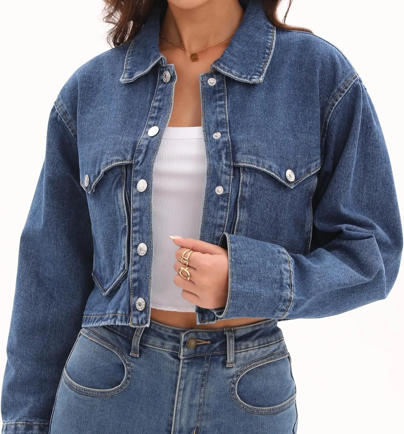 Women's Long Sleeve Button Down Cropped Trucker Short Denim Jean Jacket with Pockets
