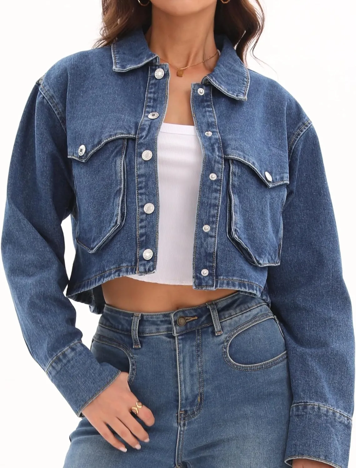 Women's Long Sleeve Button Down Cropped Trucker Short Denim Jean Jacket with Pockets
