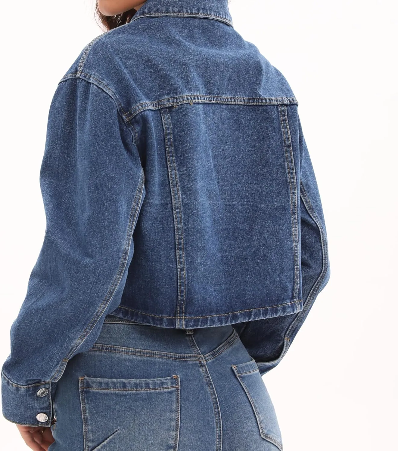 Women's Long Sleeve Button Down Cropped Trucker Short Denim Jean Jacket with Pockets