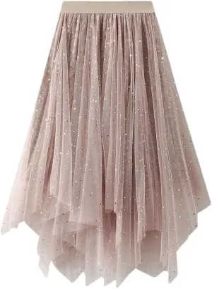 Womens Mesh Tulle Midi Skirt with High Waist Fluffy Layered Tutu Skirt Irregular Hemline Skirt for Prom