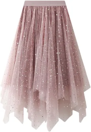 Womens Mesh Tulle Midi Skirt with High Waist Fluffy Layered Tutu Skirt Irregular Hemline Skirt for Prom