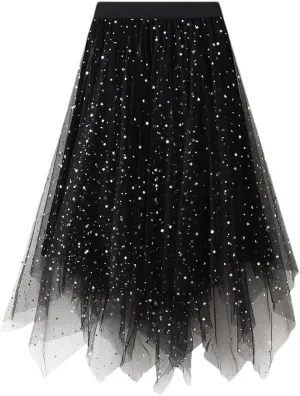 Womens Mesh Tulle Midi Skirt with High Waist Fluffy Layered Tutu Skirt Irregular Hemline Skirt for Prom