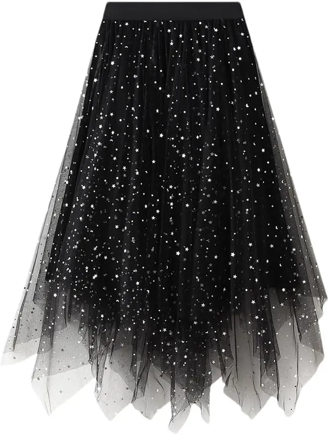 Womens Mesh Tulle Midi Skirt with High Waist Fluffy Layered Tutu Skirt Irregular Hemline Skirt for Prom