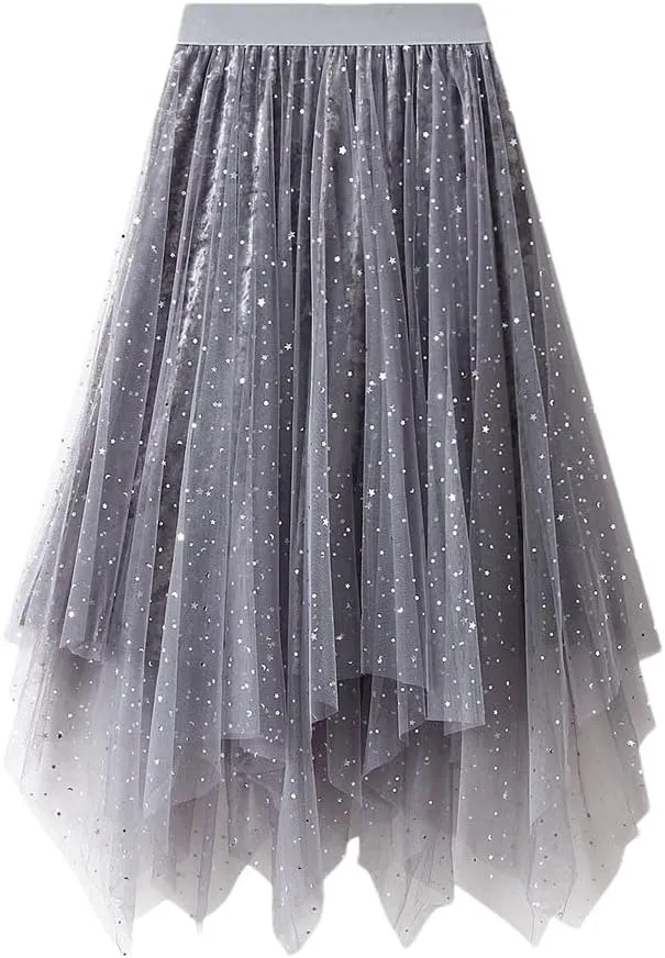Womens Mesh Tulle Midi Skirt with High Waist Fluffy Layered Tutu Skirt Irregular Hemline Skirt for Prom