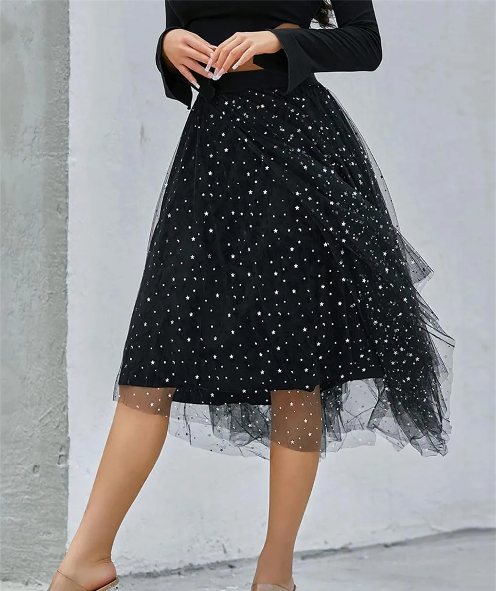 Womens Mesh Tulle Midi Skirt with High Waist Fluffy Layered Tutu Skirt Irregular Hemline Skirt for Prom