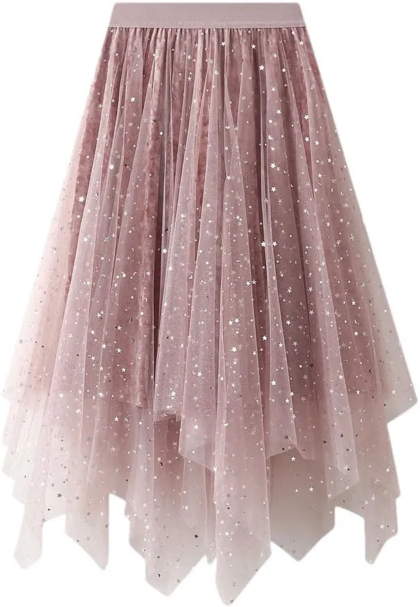 Womens Mesh Tulle Midi Skirt with High Waist Fluffy Layered Tutu Skirt Irregular Hemline Skirt for Prom