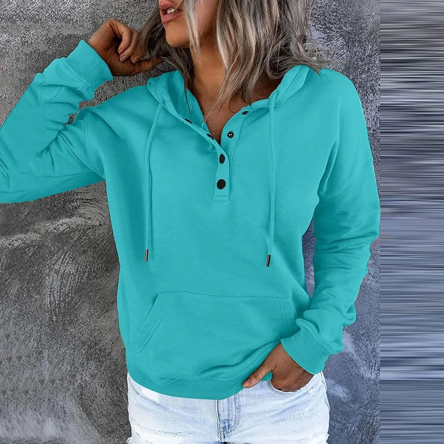 Women's Pullover Hoodies Tops Casual Button Down Long Sleeve Hooded Sweatshirts With Kangaroo Pocket Trendy 2023