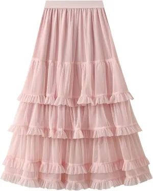 Womens Ruffle Tulle Skirts High Waist Fairy Cake Skirt Pleated Midi Tutu Skirts 2025 Summer Mesh Layered A-line Skirt