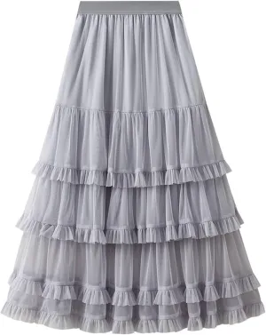 Womens Ruffle Tulle Skirts High Waist Fairy Cake Skirt Pleated Midi Tutu Skirts 2025 Summer Mesh Layered A-line Skirt