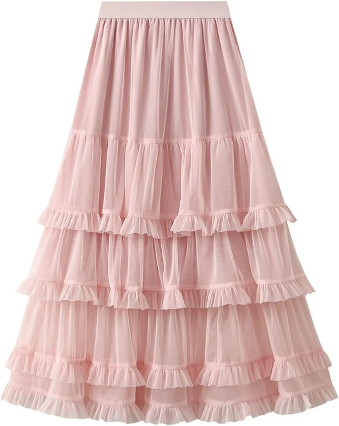 Womens Ruffle Tulle Skirts High Waist Fairy Cake Skirt Pleated Midi Tutu Skirts 2025 Summer Mesh Layered A-line Skirt