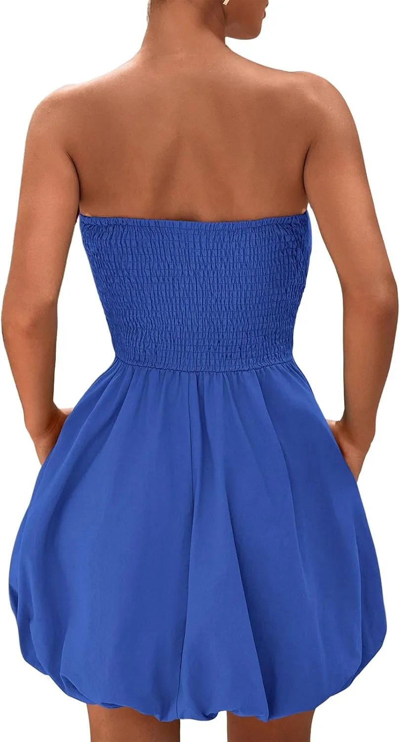 Women's Summer Mini Dress Sexy Strapless Tube Dress Sleeveless Backless Tiered Layered Ruffle Hem A-Line Short Dresses