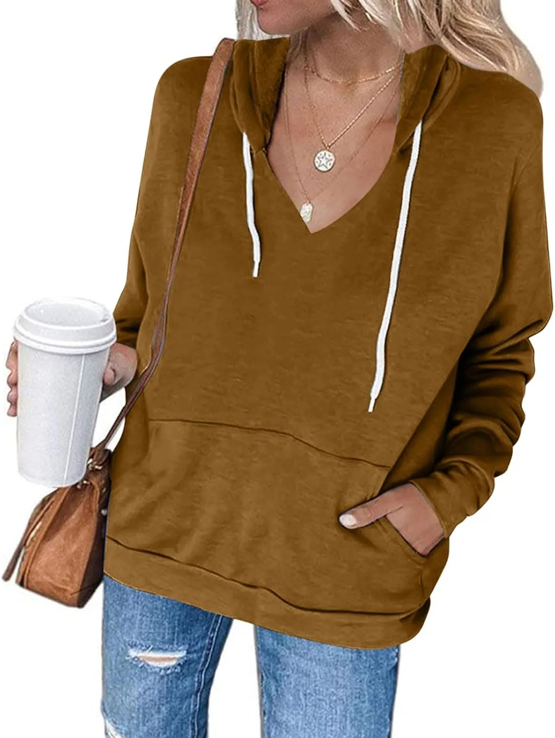 Womens V Neck Hoodie Tops 2025 Fall Casual Long Sleeve Pullover Solid Color Oversized Sweatshirt with Pocket