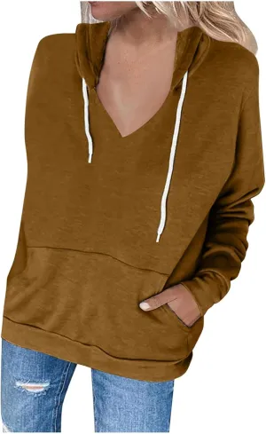 Womens V Neck Hoodie Tops 2025 Fall Casual Long Sleeve Pullover Solid Color Oversized Sweatshirt with Pocket