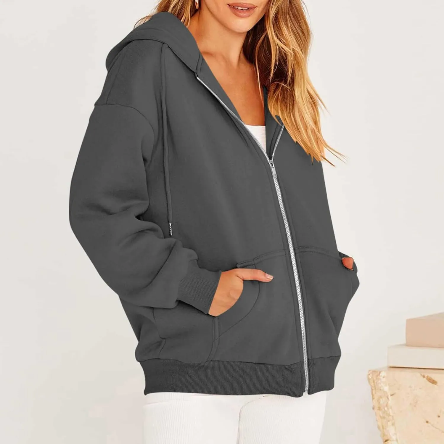 Womens Zip Up Hoodies Oversized Long Sleeve Sweatshirts Casual Y2K Hoodie 2024 Fall Jacket with Pockets