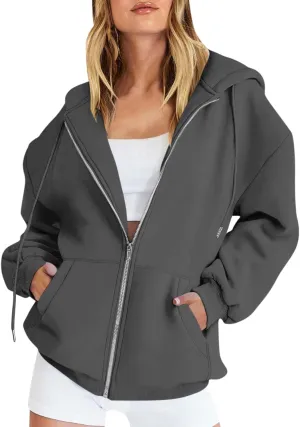 Womens Zip Up Hoodies Oversized Long Sleeve Sweatshirts Casual Y2K Hoodie 2024 Fall Jacket with Pockets