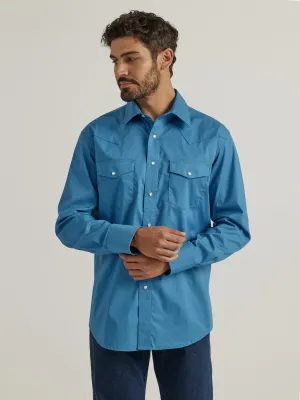 Wrangler Wrinkle Resist Solid Blue Western Snap Shirt for Men